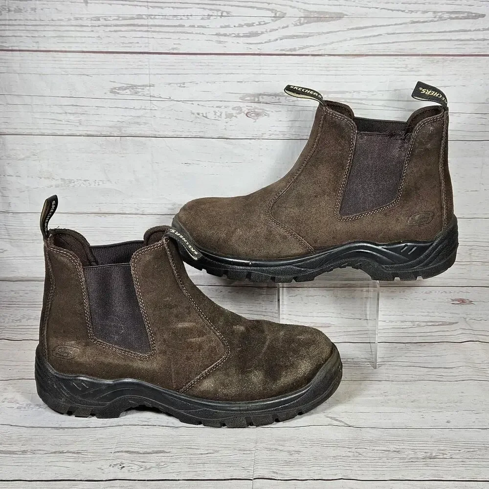 SKECHERS Boots Men's Brown US 10.5 Leather ASTM Safety Toe EH Chelsea Work